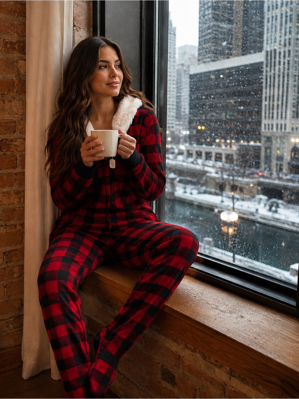Secret Treasures Red and Black Plaid Fleece Onesie with Faux Fur Trim